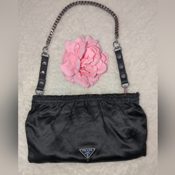 Prada Handbags - Prada Black Satin Pouch Authentic Converted To Shoulder Bag Edgy Silver Chain